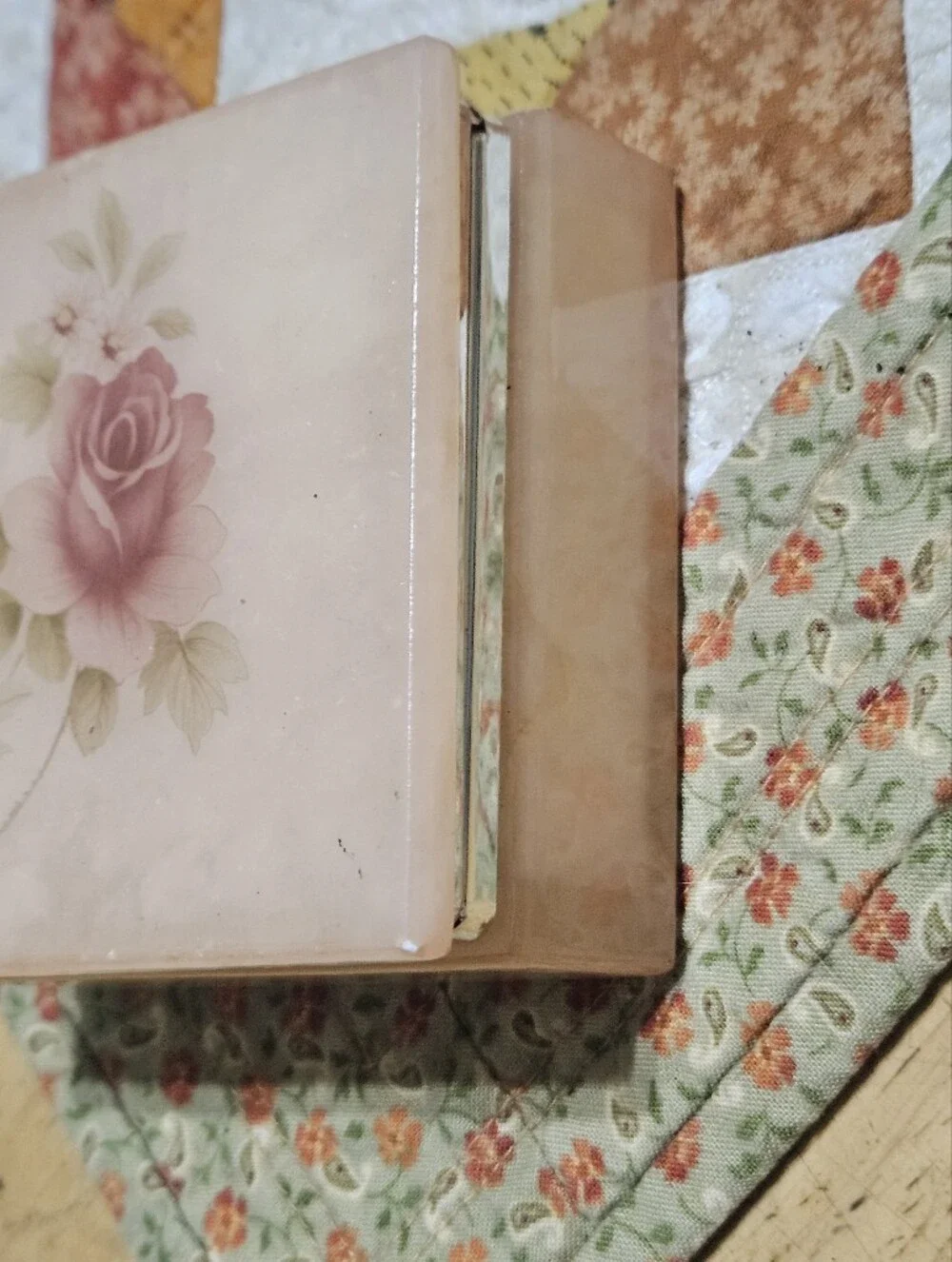 Vintage, Hand-carved Italian Alabaster Trinket Box featuring a Painted Pink Rose